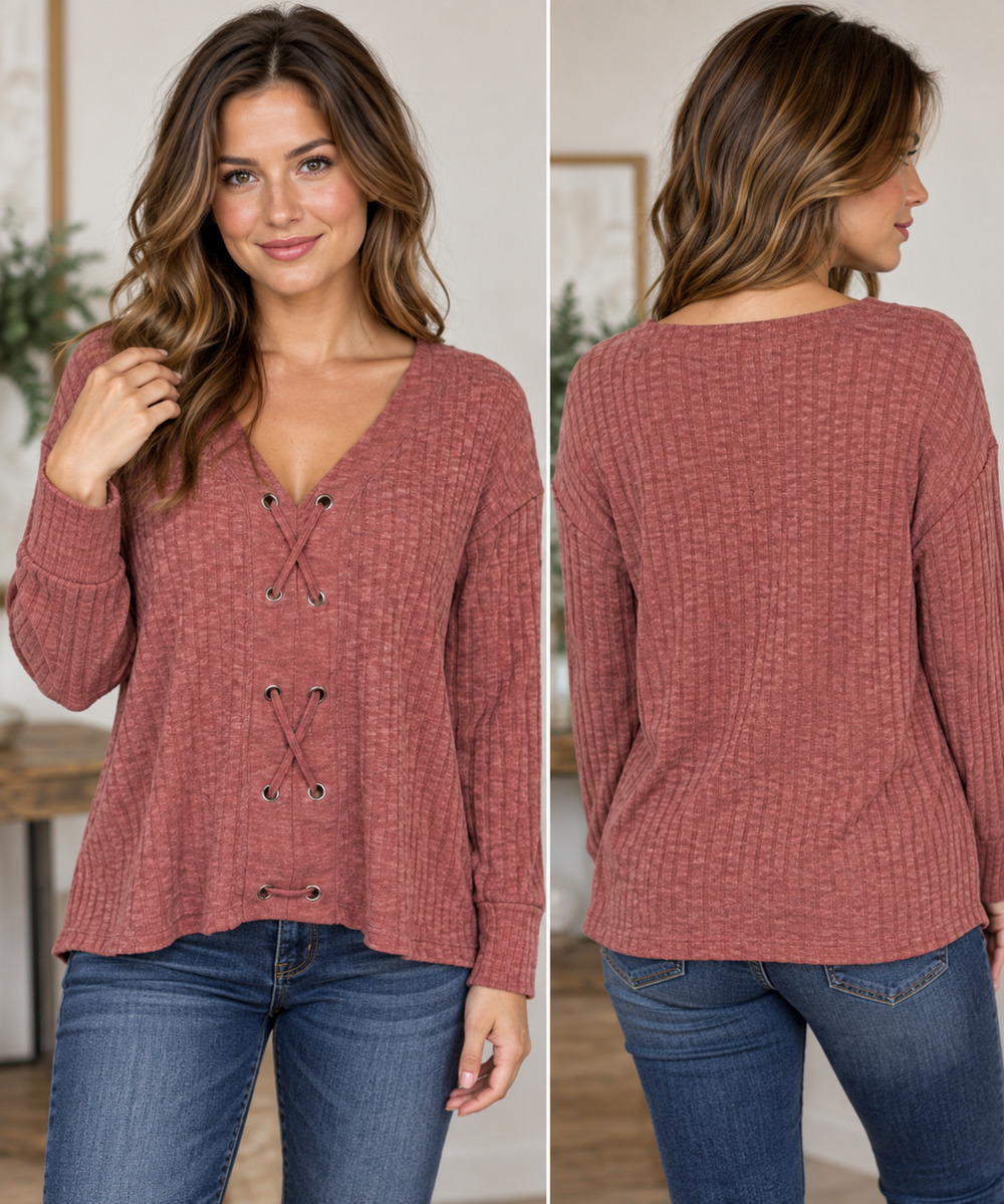 BKE Women’s Small Dusty Rose Ribbed Knit Lace Up V Neck Long Sleeve Top